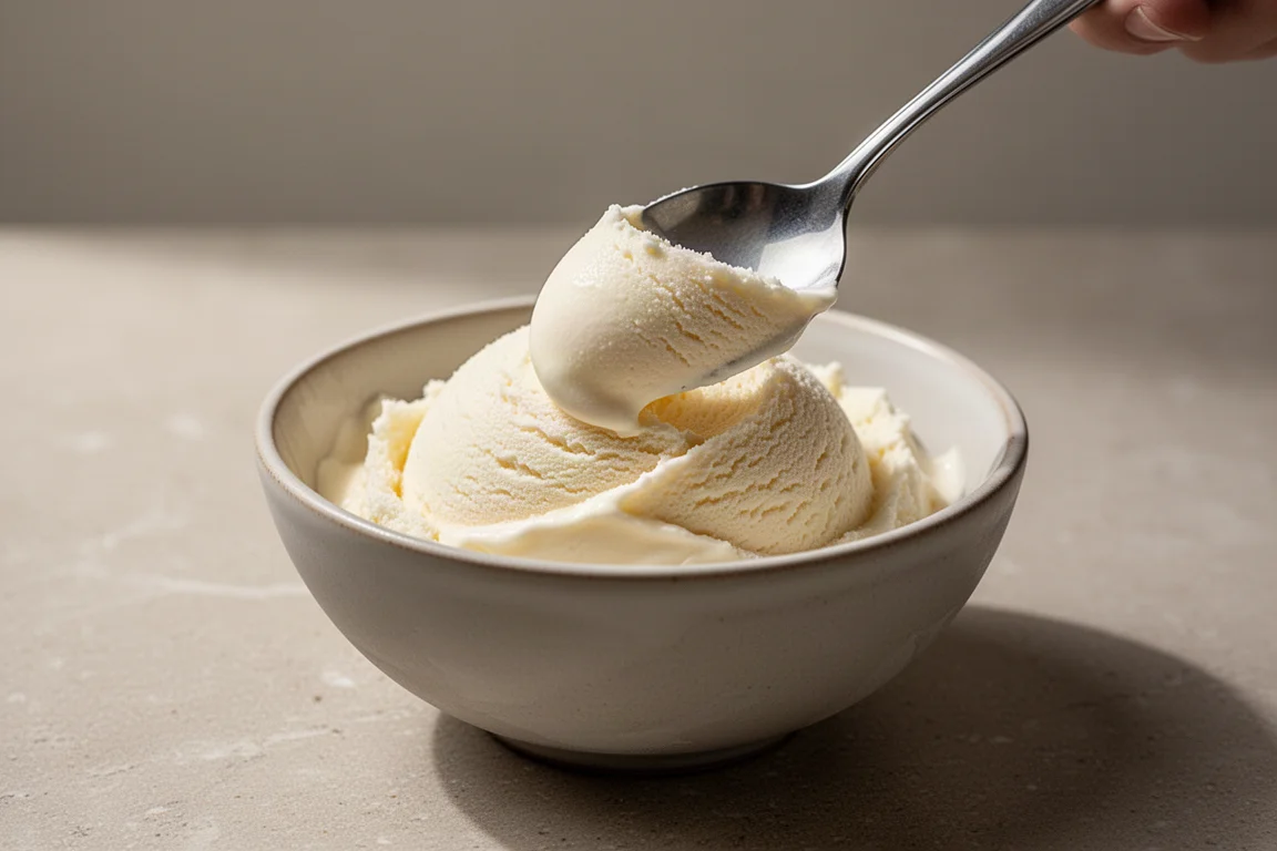 Spoon scooping firm ice cream from a small bowl