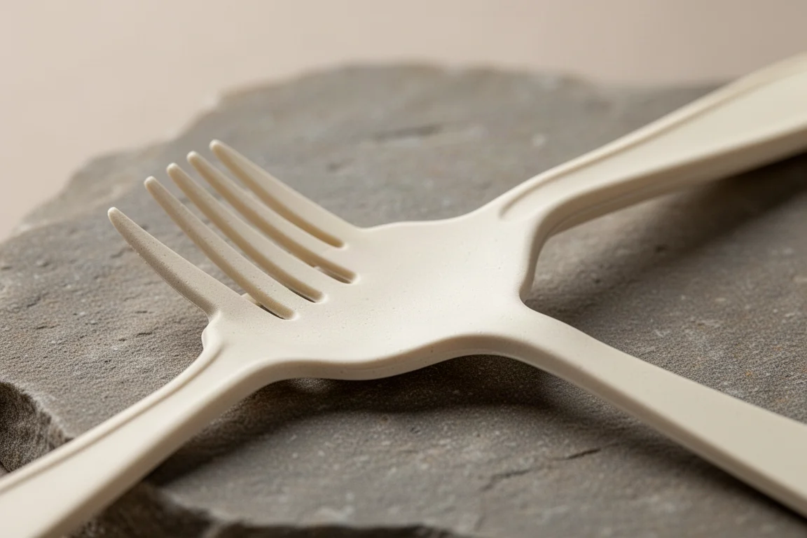 Handle detail of a compostable fork showing smooth wide grip