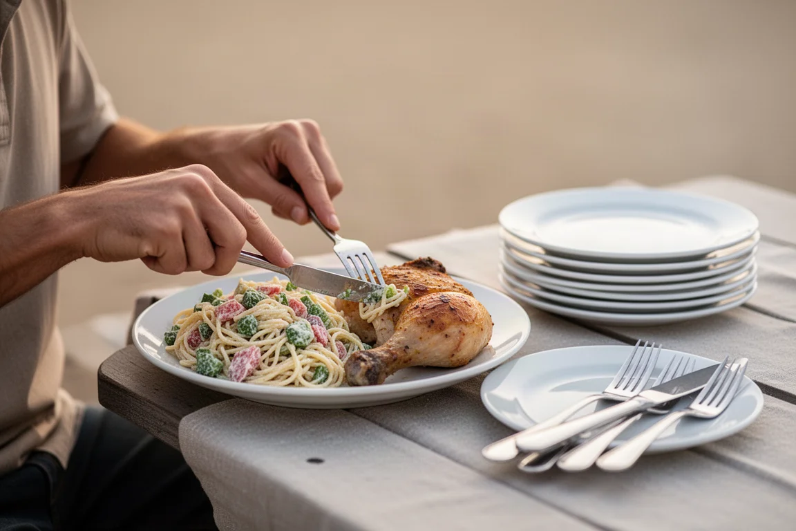 Guests' hands at a picnic table eating with compostable utensils