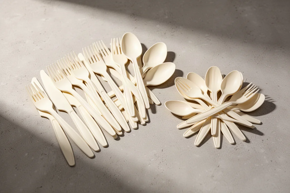 Two assortments of disposable cutlery arranged on a light concrete surface