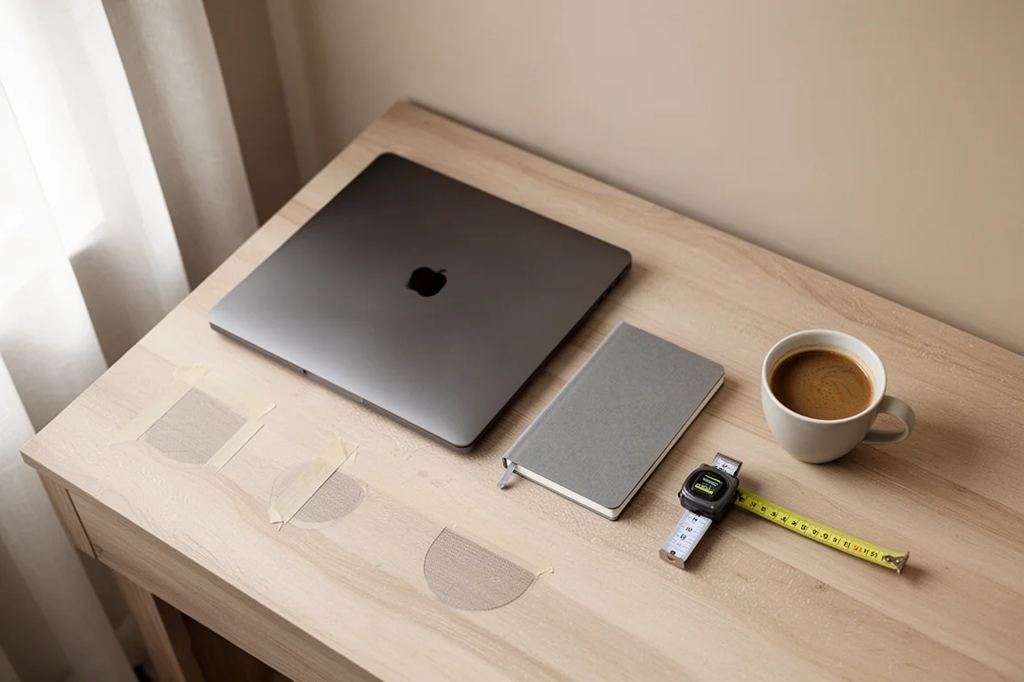Overhead bureau flat-lay met laptop, notitieboek en meetlint om speakerposities te meten
