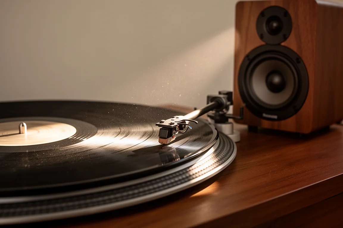 Close-up van een platenspeler toonarm op vinyl naast een bureauspeaker