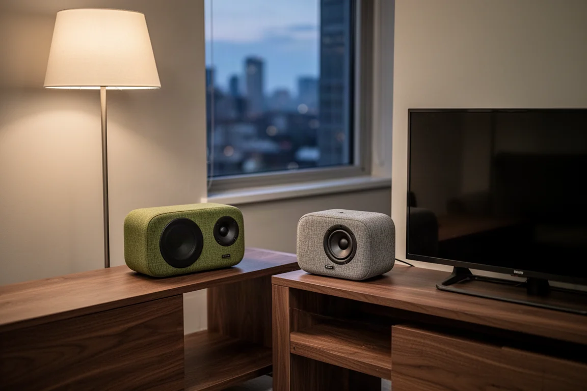 Compacte speakers op een houten console naast een televisie in een schemerige woonkamer