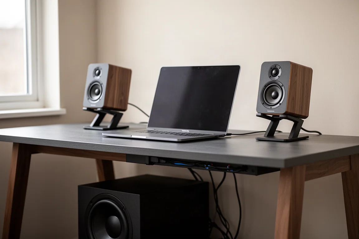 Bureauspeakers op schuine stands aan weerszijden van een laptop met een subwoofer onder het bureau