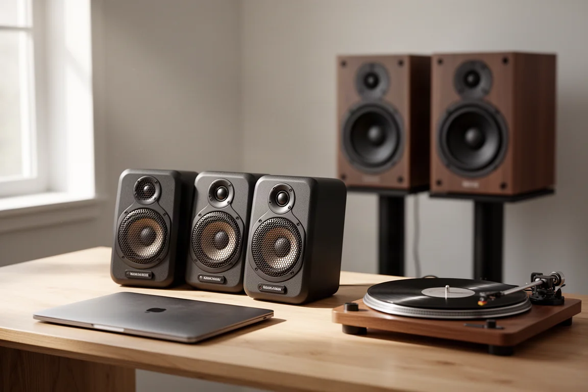 Compact powered desktop speakers on an oak desk beside a laptop and turntable
