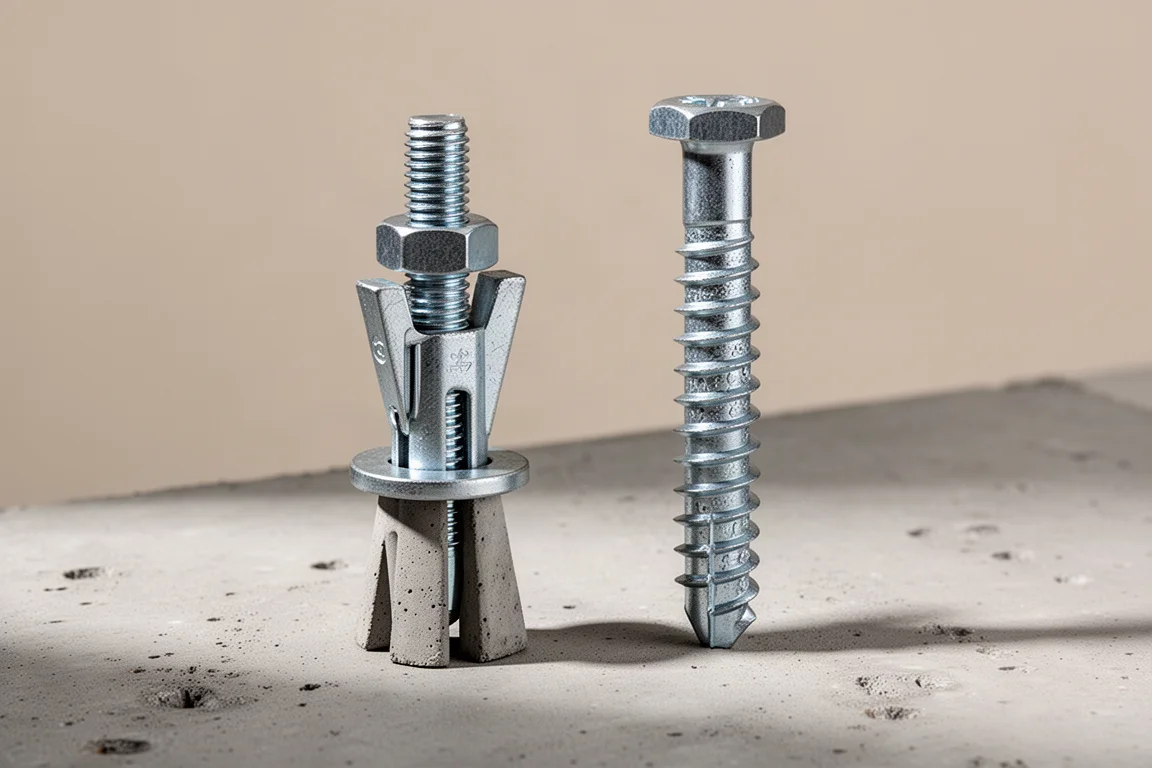 Wedge anchor and concrete screw anchor side by side on concrete