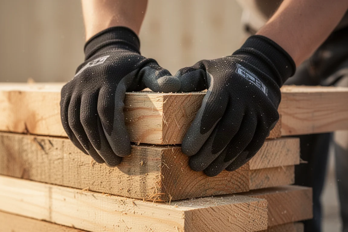 Arbeiter mit schnittbeständigen Schutzhandschuhen beim Abtransport von Schutt