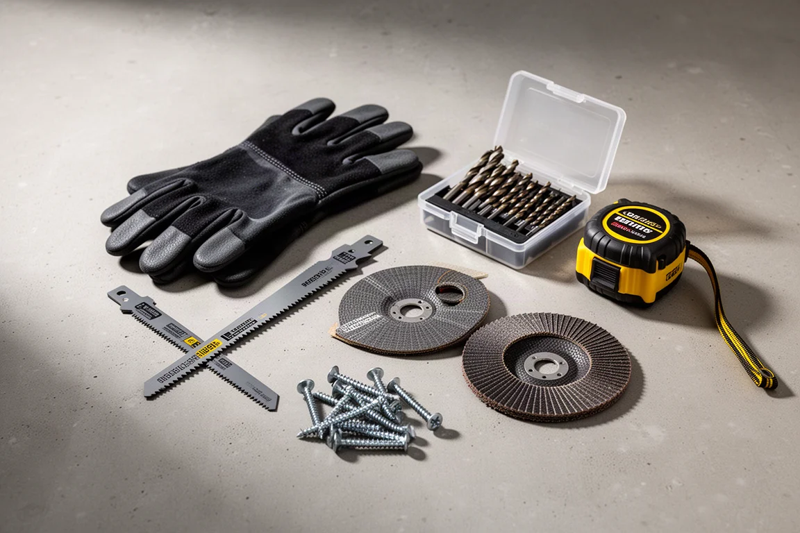 Flat arrangement of work gloves, saw blade, drill bits, tape measure, flap disc, and screws on concrete
