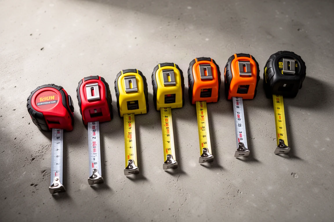 Acht Maßbänder stehen zum Vergleich in einer Reihe auf einer Betonwerkstattfläche