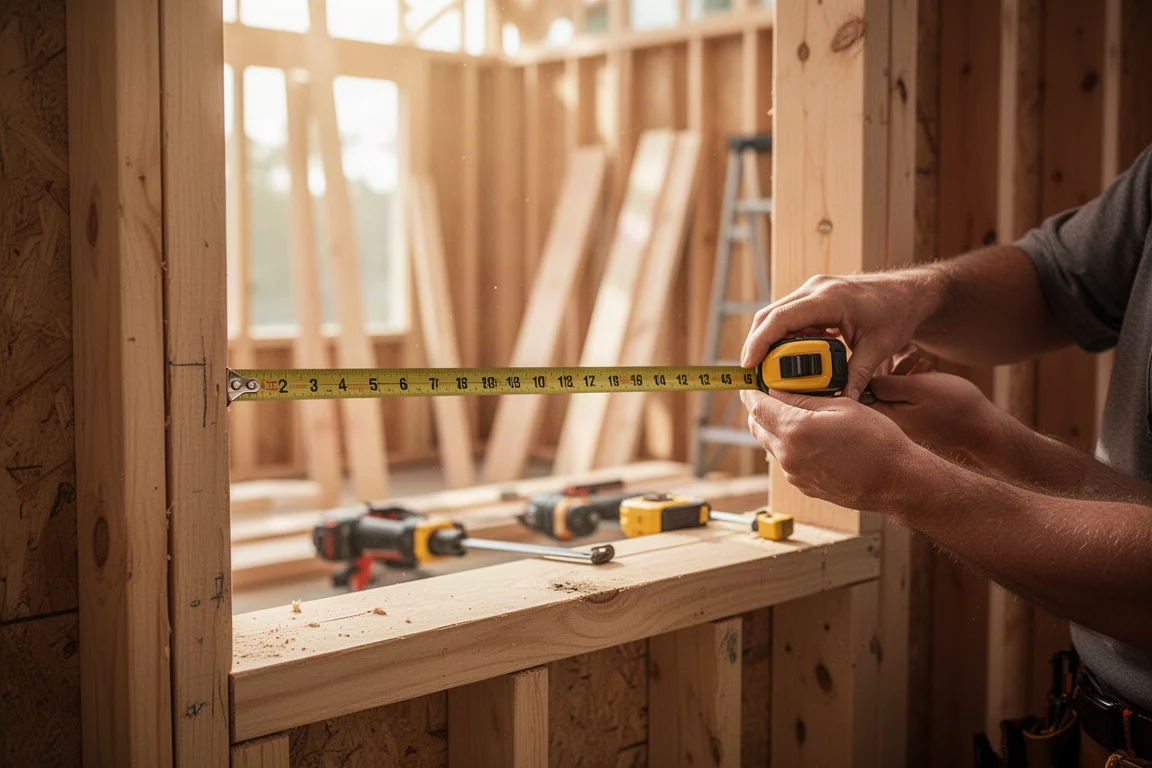 Handwerker misst eine Wandöffnung auf der Baustelle mit einem Maßband