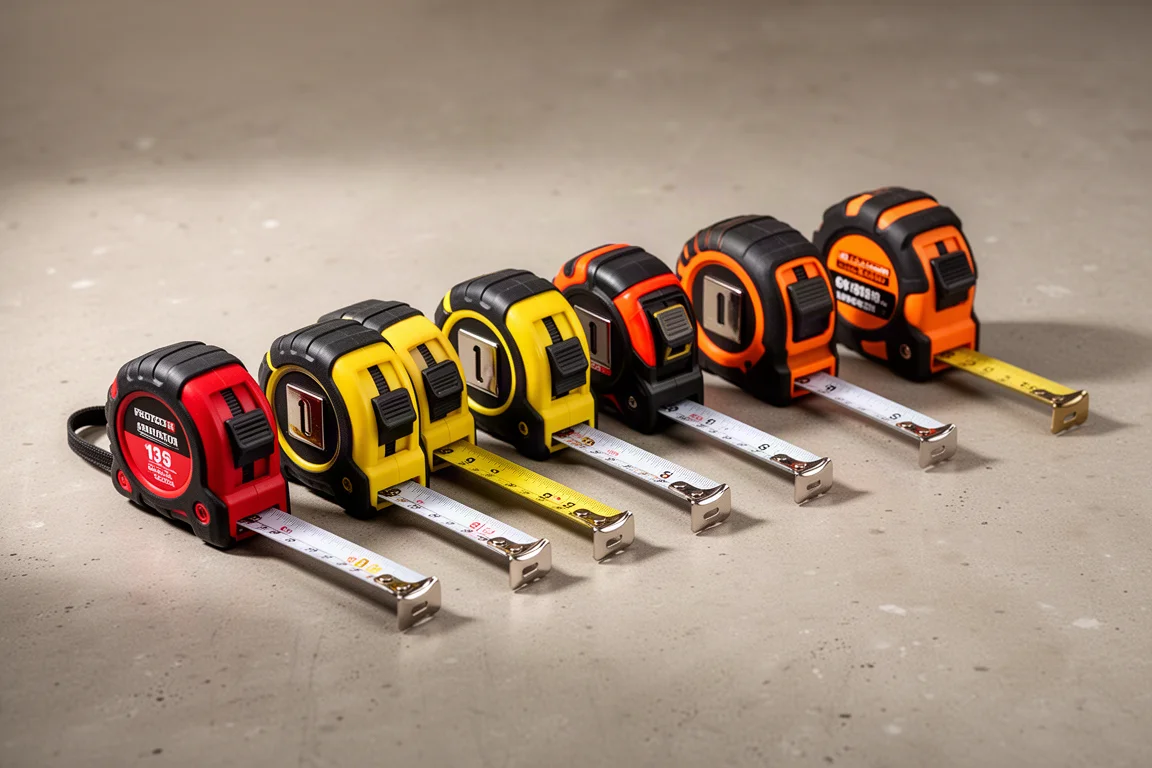 Eight contractor tape measures lined up on a concrete workshop floor