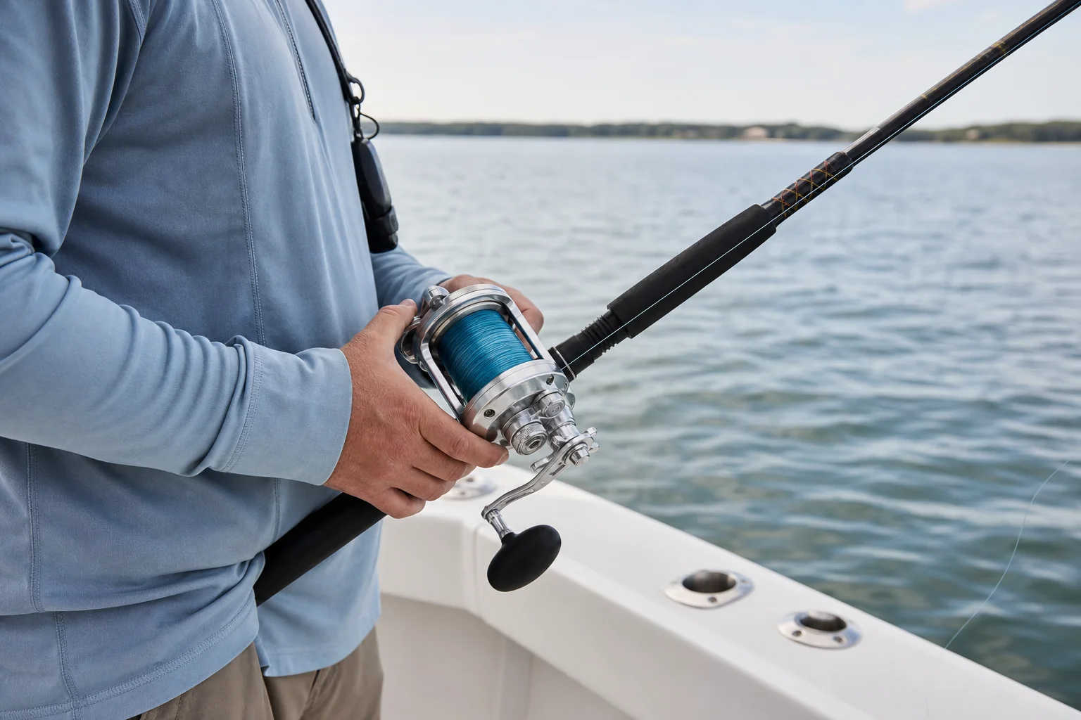 Angler holding a conventional reel on a boat deck