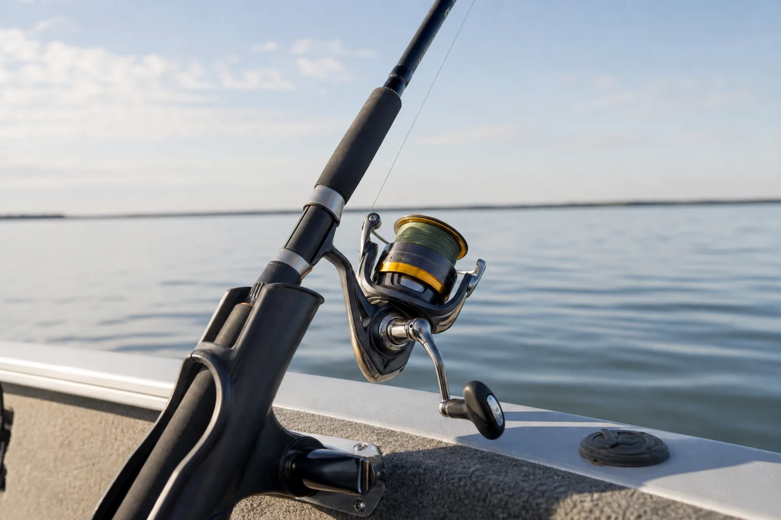 Conventional reel mounted on a rod in a boat rod holder