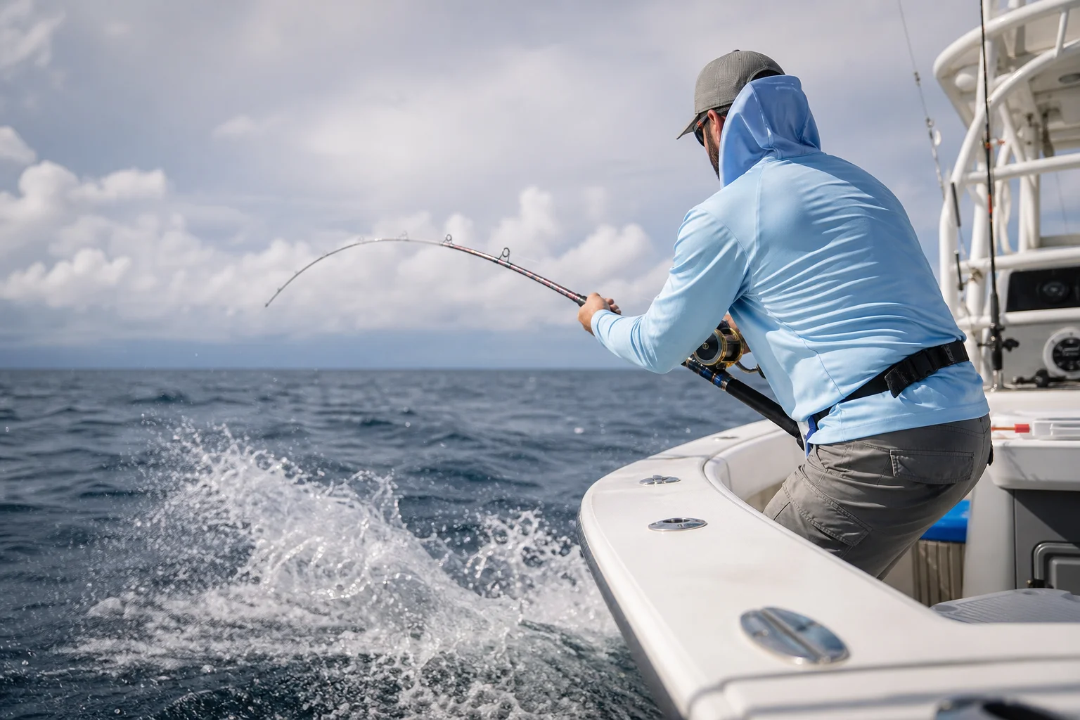 Angler fighting a fish with a conventional reel from a boat