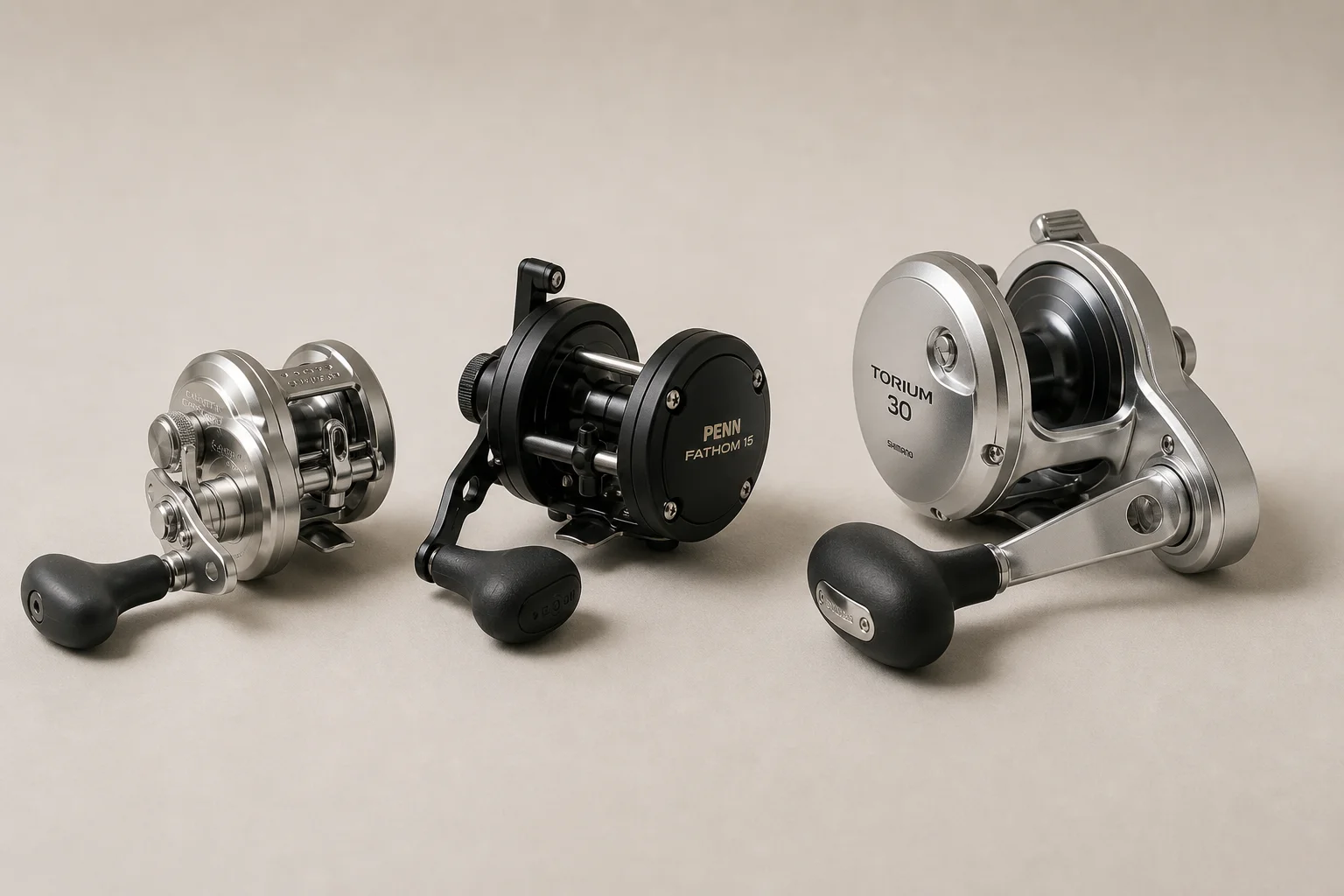 Three conventional fishing reels displayed side by side on neutral backdrop