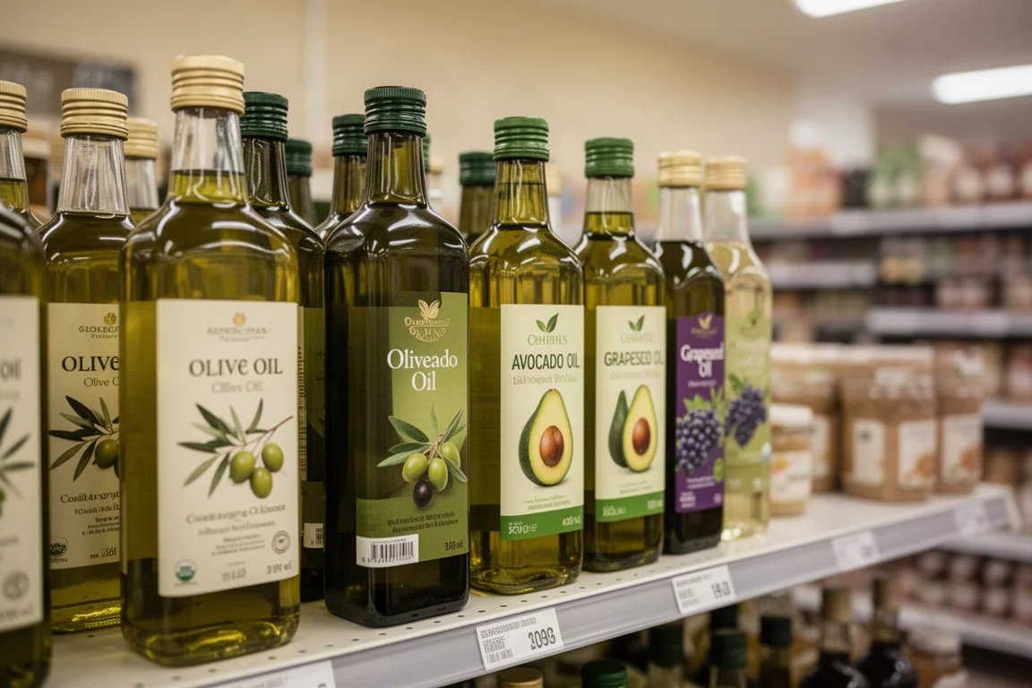 Row of cooking oil bottles on a supermarket shelf
