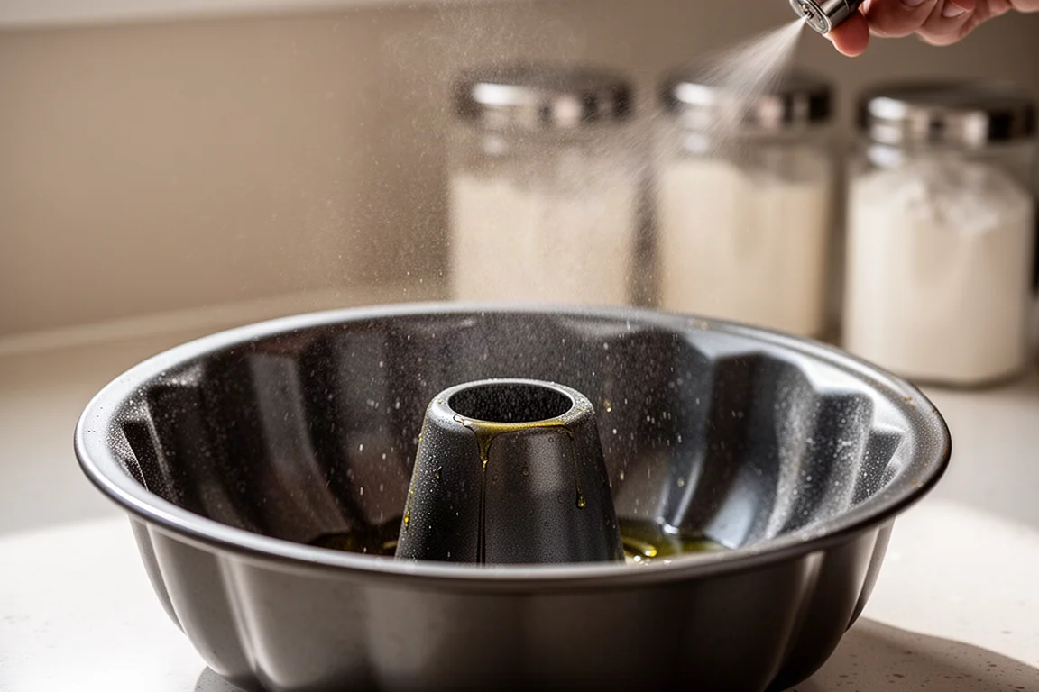 Even mist of cooking spray coating a bundt pan