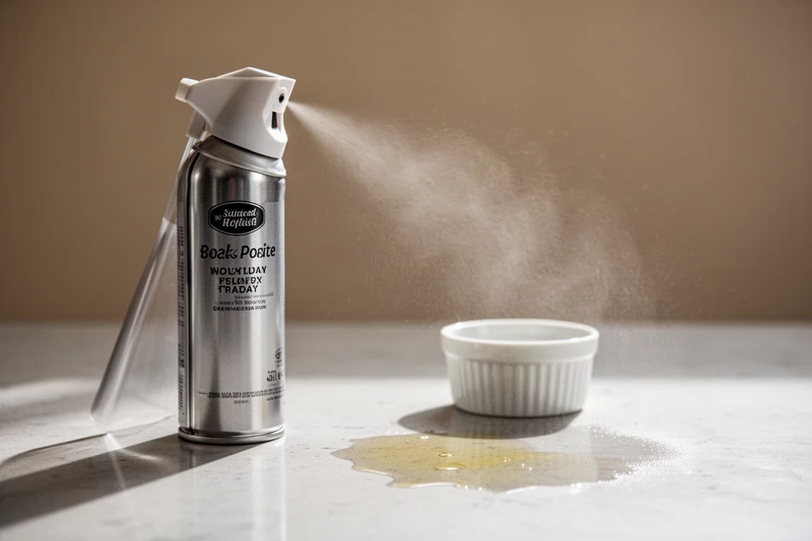 Cooking spray nozzle angled upward over a kitchen counter