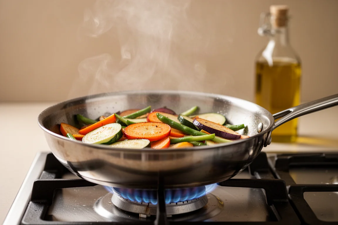 Vegetables sautéing in a pan over high heat