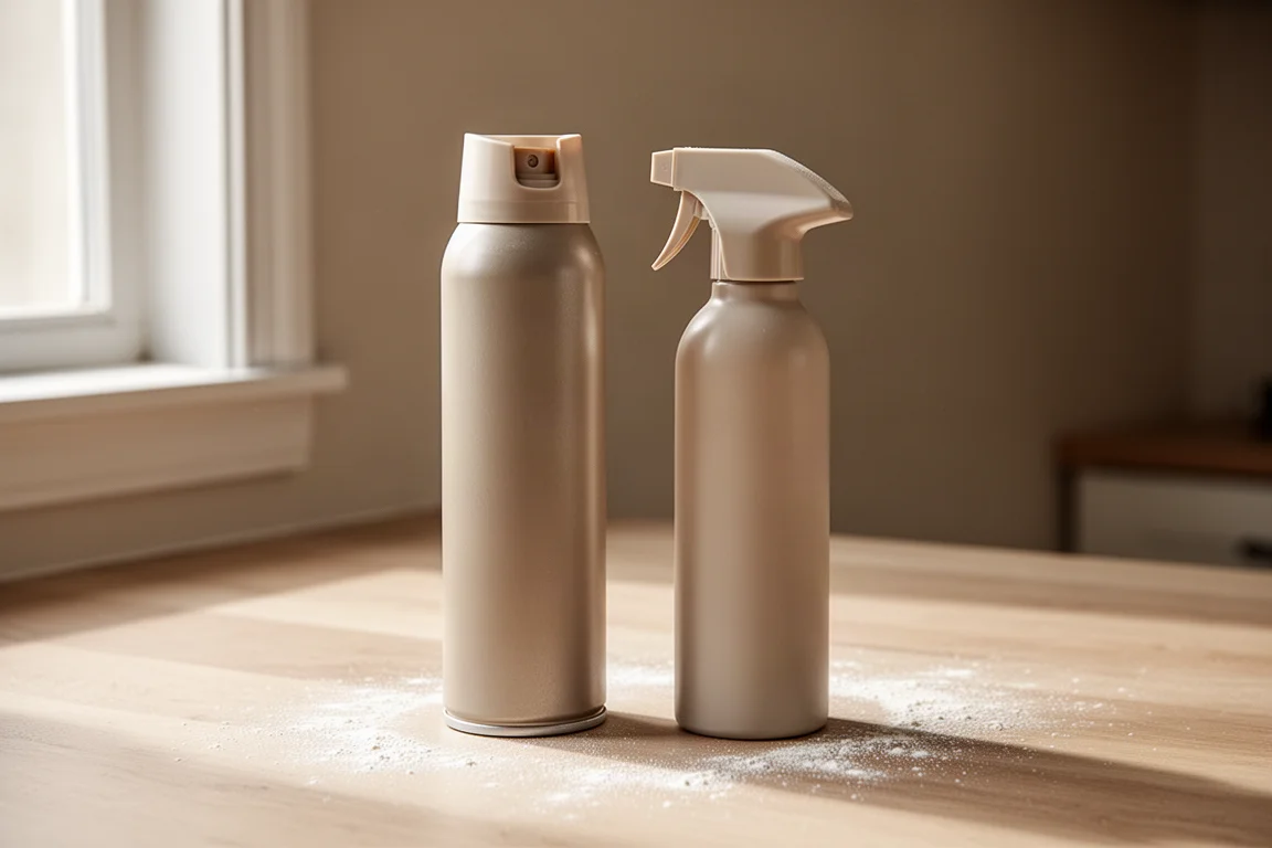 Traditional cooking spray can and propellantless spray bottle side by side on a kitchen counter