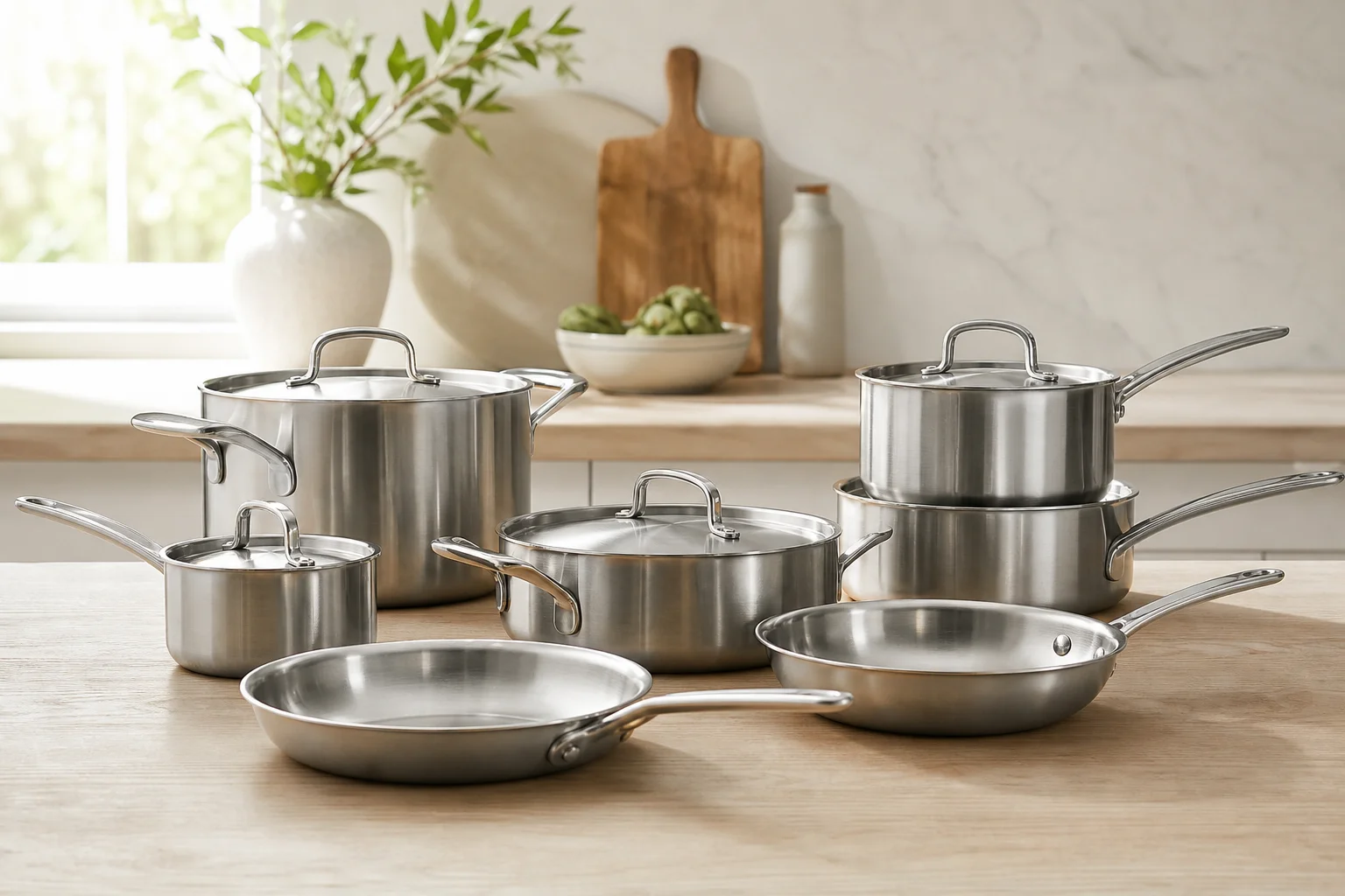 Stainless steel pan interiors reflecting soft light on a kitchen counter
