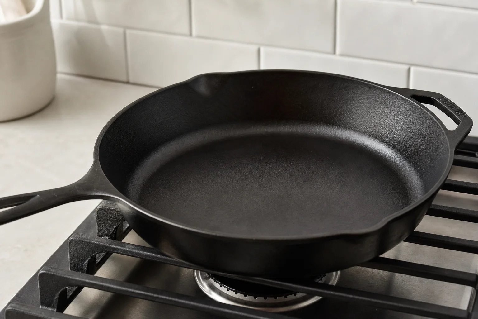 Fried eggs cooking in a non-stick skillet on an induction burner