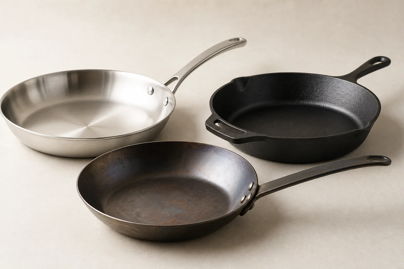 Stainless steel, non-stick, cast iron, and carbon steel pans arranged on a concrete counter