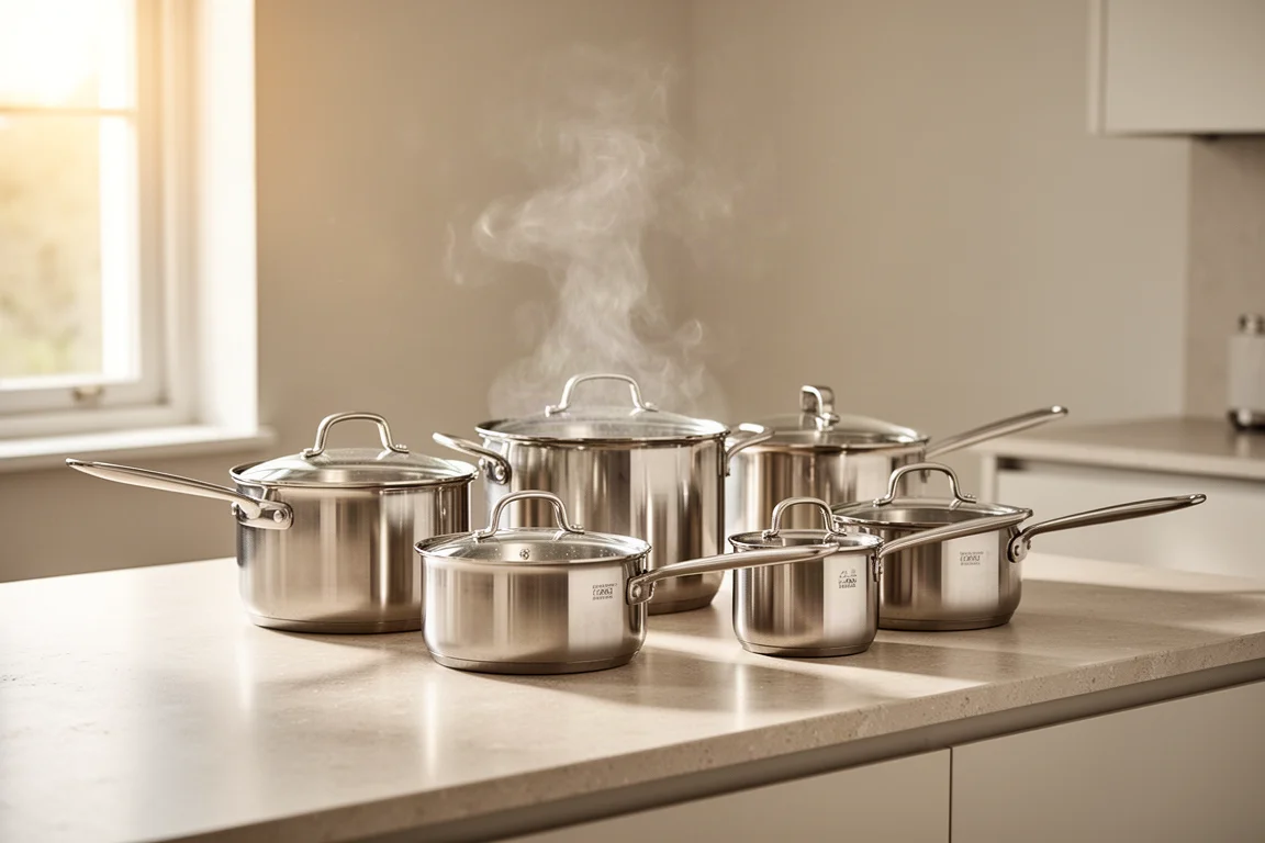 Stainless steel pans and pots arranged on a bright kitchen counter