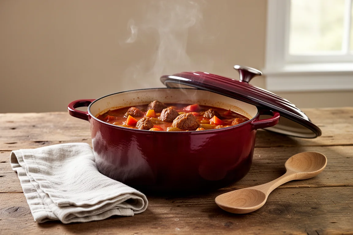Enameled cast iron Dutch oven with stew on a rustic dining table