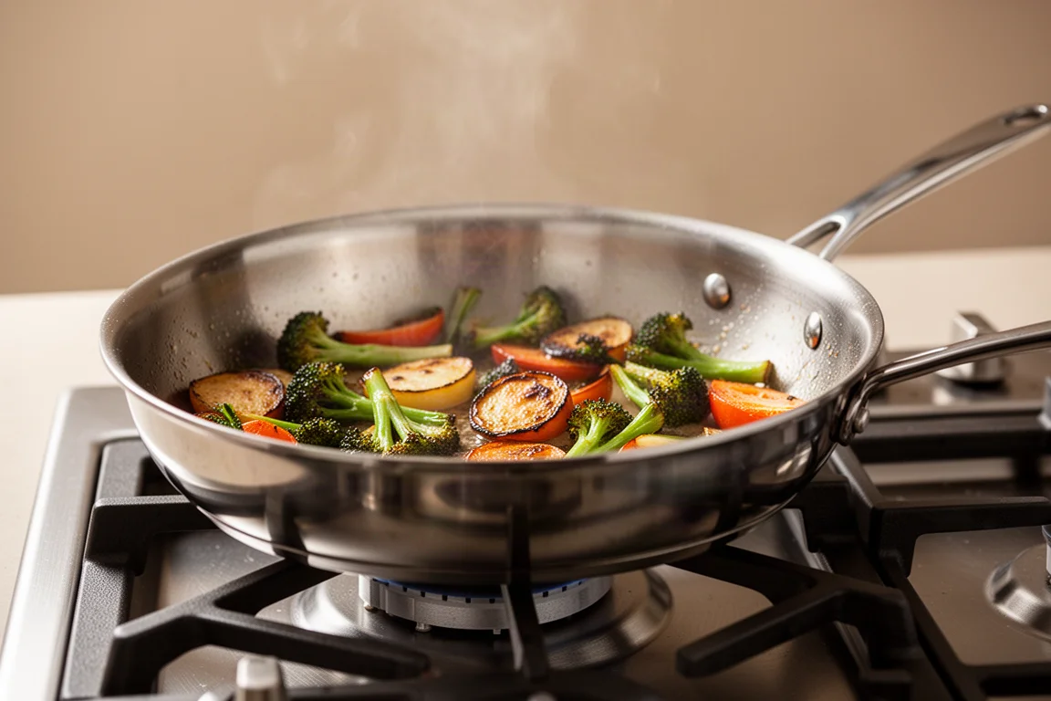 Chef searing vegetables in a stainless steel pan over a gas flame