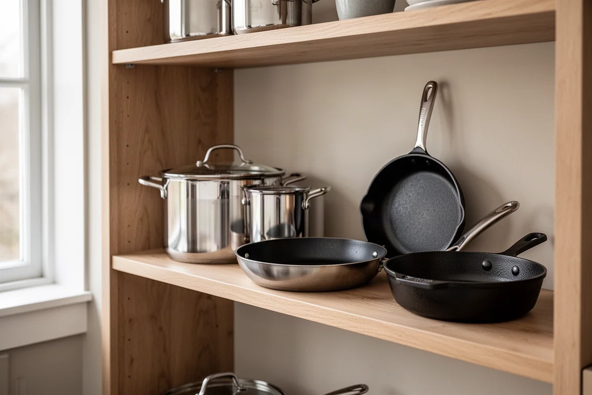 Cookware pieces stacked on open wooden kitchen shelving