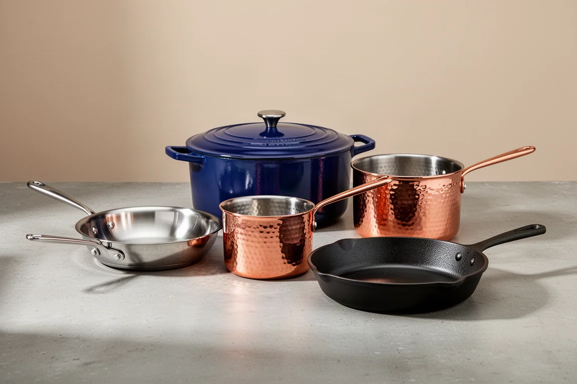 Stainless steel, copper, enameled cast iron, and cast iron cookware arranged on a concrete surface
