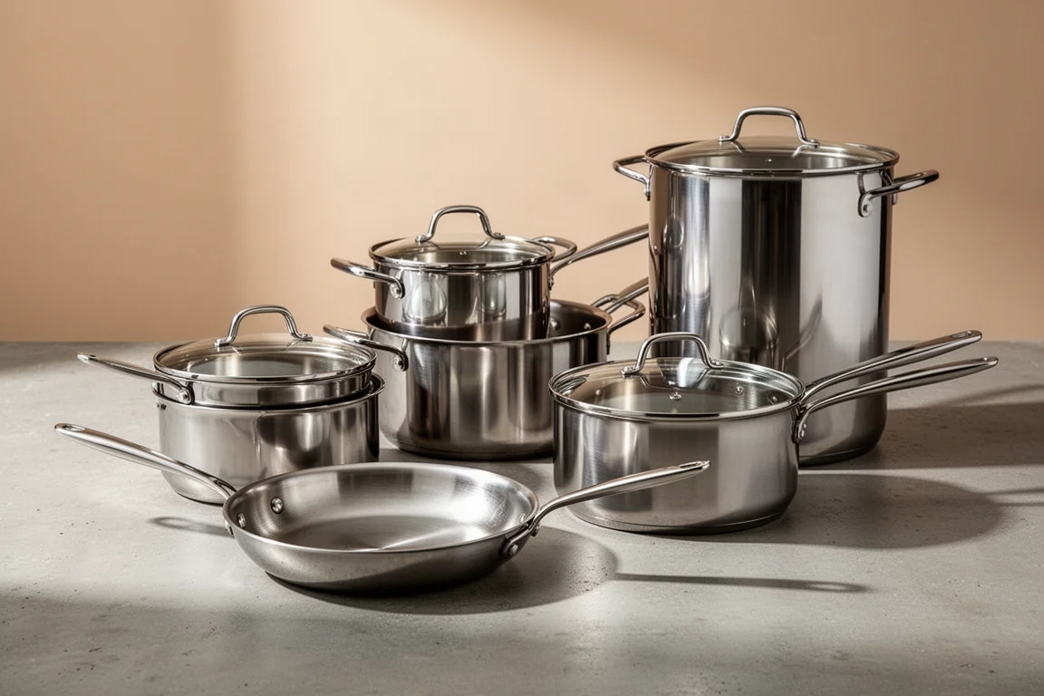 Collection of stainless steel pots and pans arranged on a concrete surface