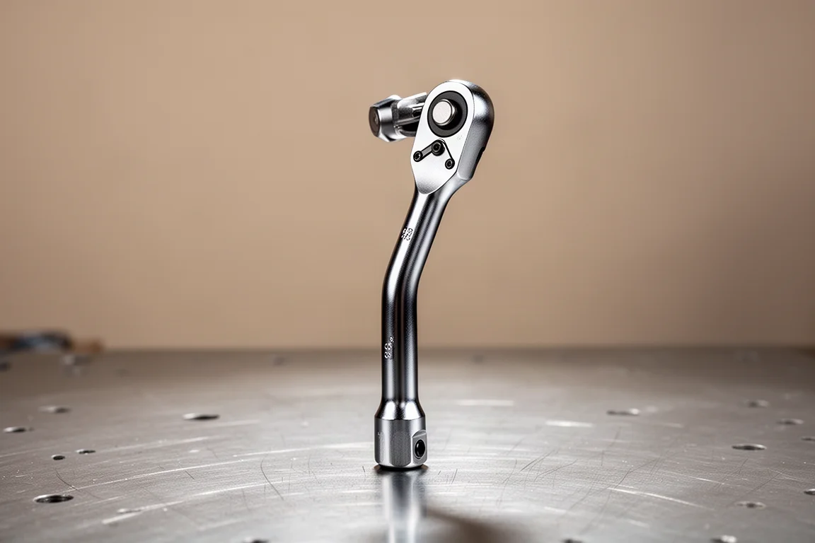 Carraca compacta de cabeza flexible con la cabeza inclinada, sobre un banco de trabajo