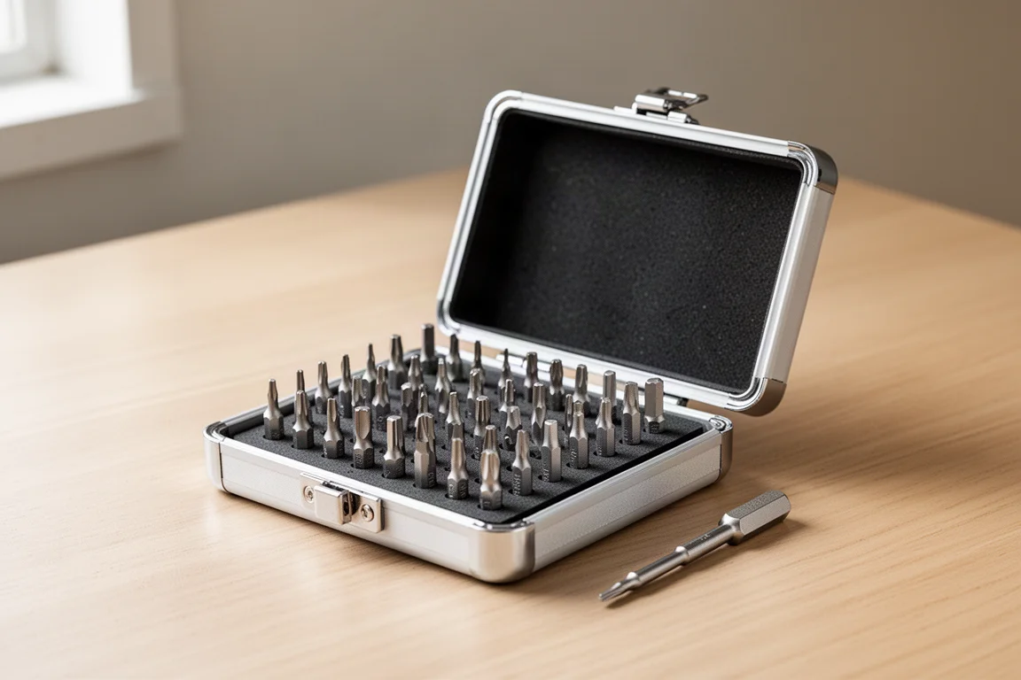 Estuche de aluminio abierto de destornillador de micro-puntas con las puntas ordenadas