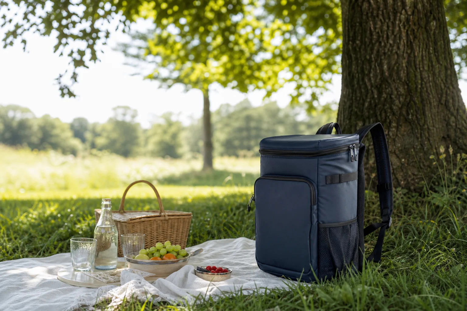 Outdoor-Picknick-Setup mit Kühltaschen-Rucksack auf Gras in der Nähe von Bäumen