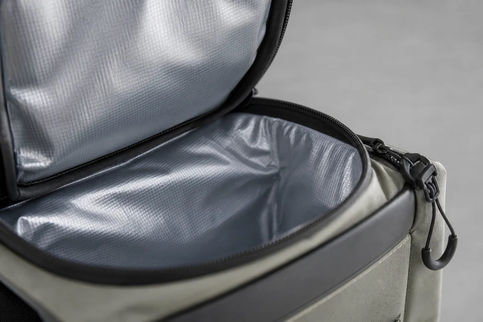 Nahaufnahme der Isolierung und des Reißverschlusses eines Kühltaschen-Rucksacks