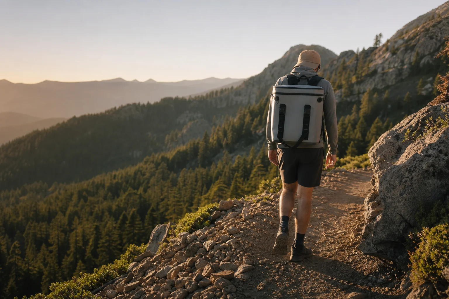 Wanderer mit Kühltaschen-Rucksack auf einem Bergpfad bei Sonnenuntergang