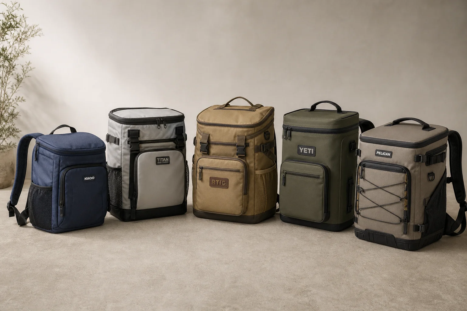 Fünf Kühltaschen-Rucksäcke in verschiedenen Stilen auf einem Betonuntergrund angeordnet