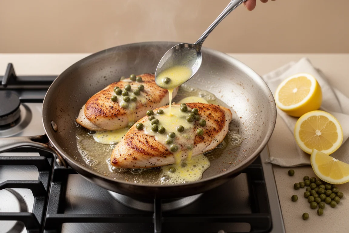 Pechugas de pollo dorándose en una sartén con una salsa de limón y alcaparras