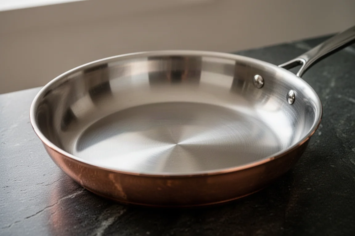 Close-up of a polished copper skillet base with a stainless steel interior