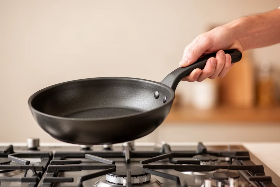 Chef's hand lifting a heavy copper skillet from a stovetop by its handle