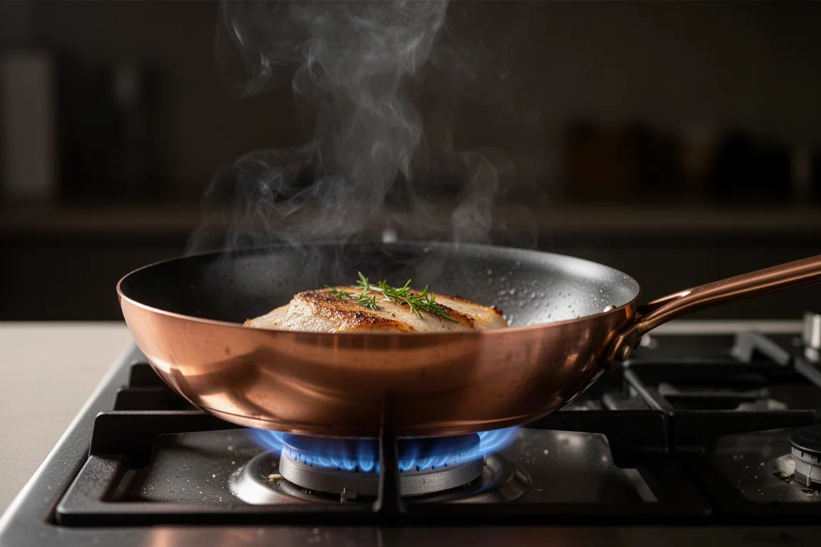 Copper skillet sautéing food over a bright blue flame on a stovetop