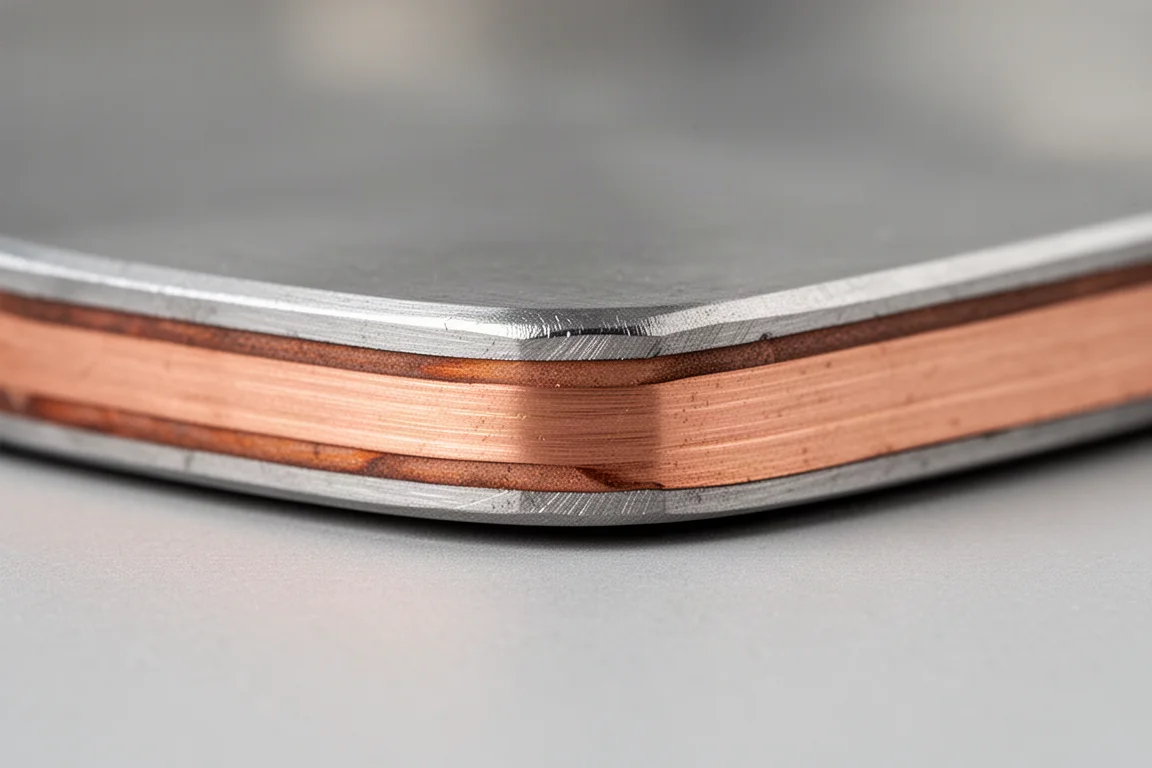 Layered cross-section view of a multi-ply bonded cookware base