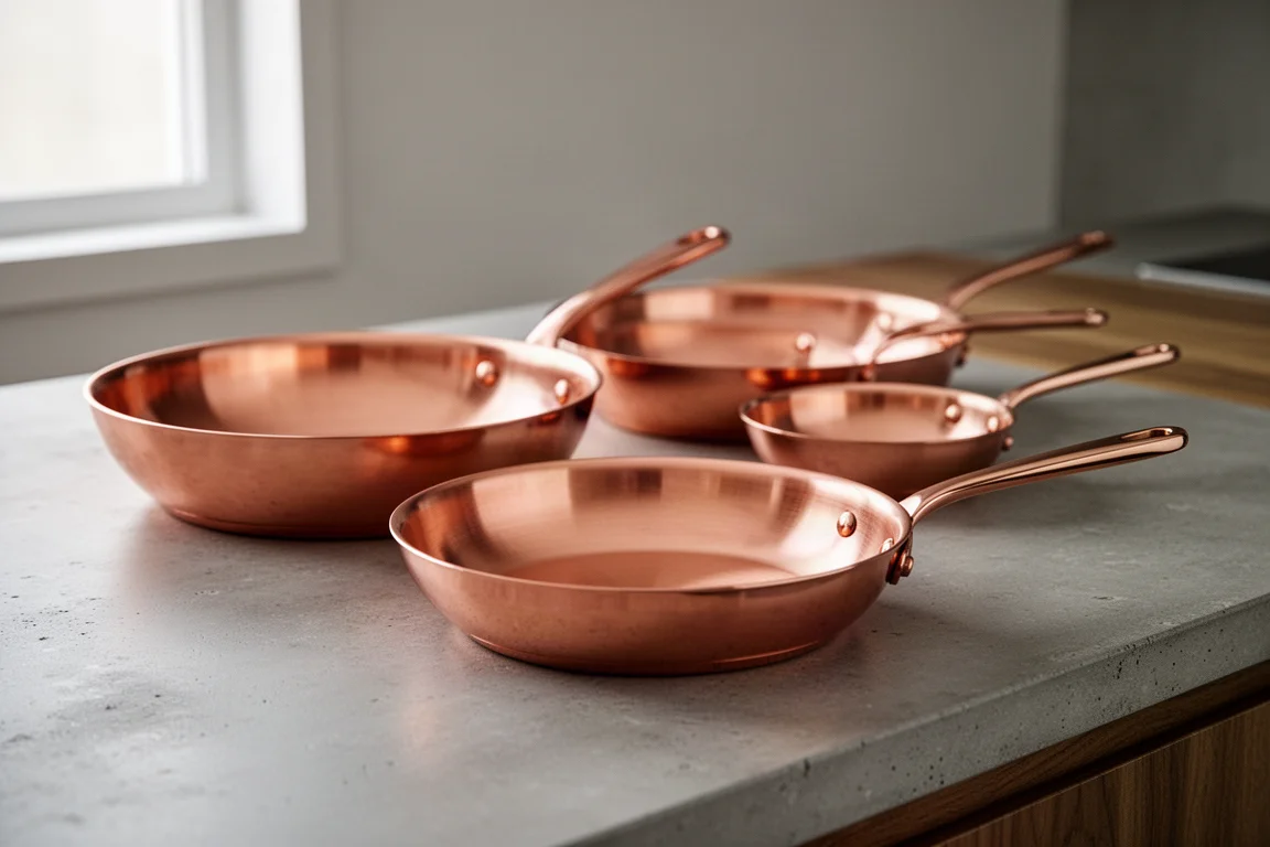 Lineup of polished copper skillets on a matte concrete kitchen surface