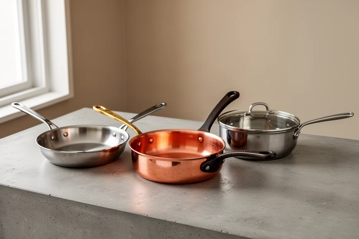 Three skillets including a polished copper pan and stainless steel fry pans on a concrete counter