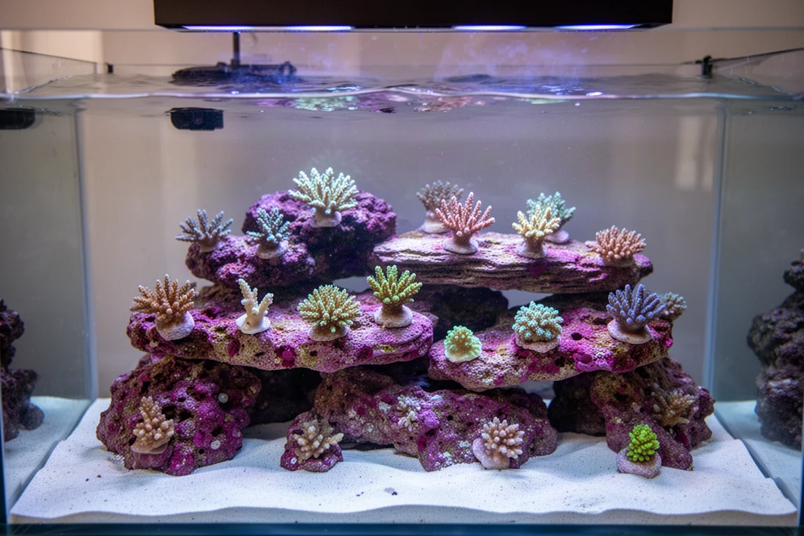 Vista dall'alto di un acquario reef illuminato con coralli fissati su una struttura rocciosa a strati