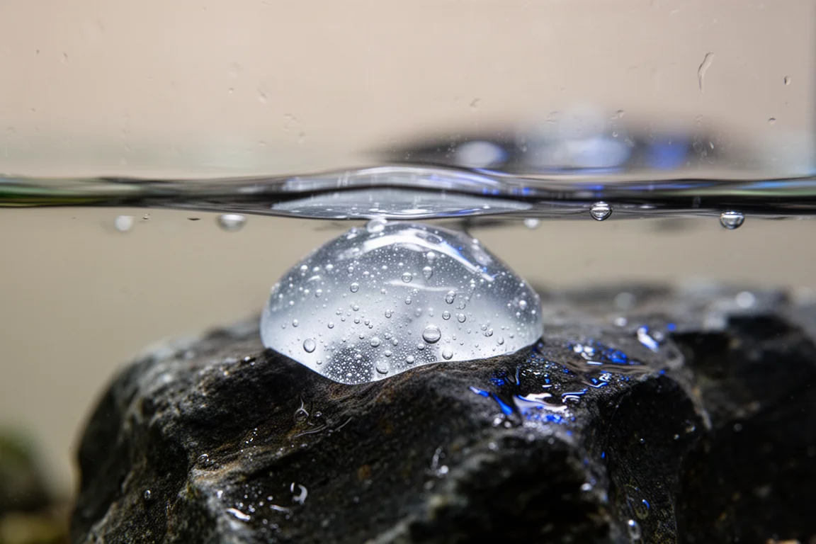 Vista macro di una spessa goccia di gel trasparente su roccia bagnata appena sotto il pelo dell'acqua