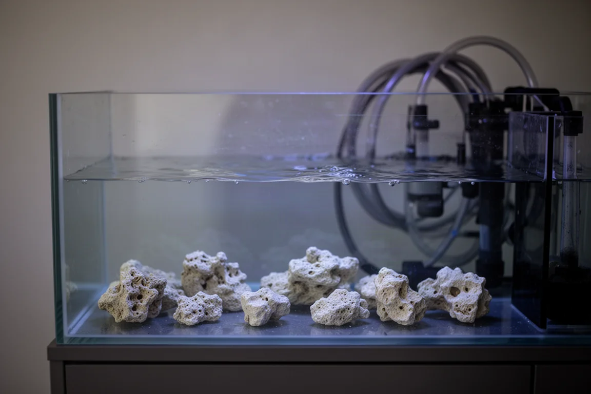 Piccoli pezzi di roccia secca chiara che riposano sul fondo della sump di un acquario