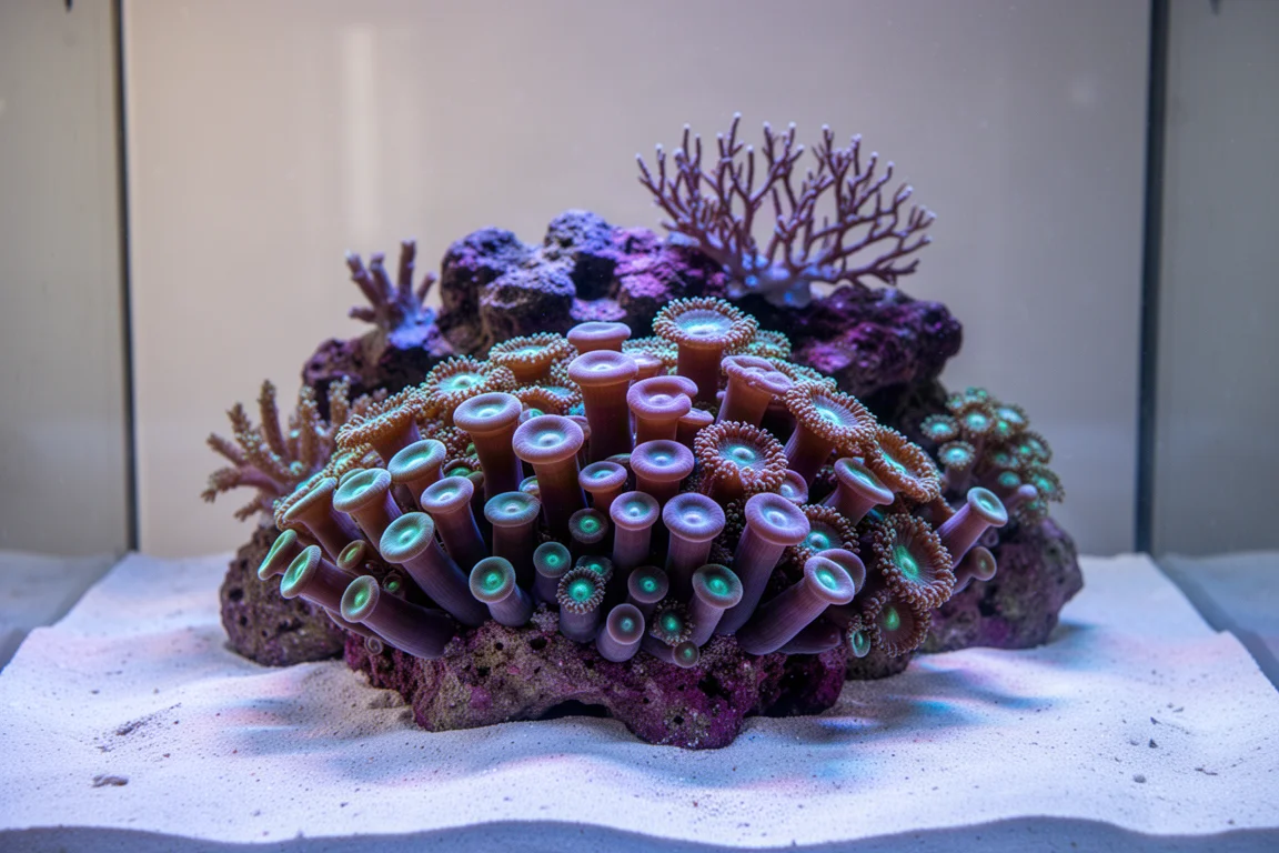 Acquario reef maturo con un fitto giardino di coralli torch e hammer su un'isola di sabbia isolata